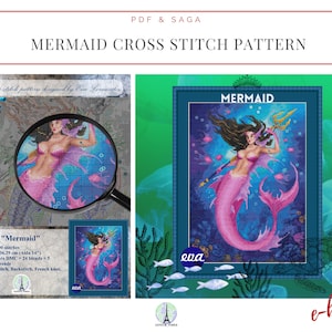 Mermaid Cross stitch pattern, Cross stitch chart, Cross stitch DIY pattern, cross stitch instant download PDF, xstitch pattern
