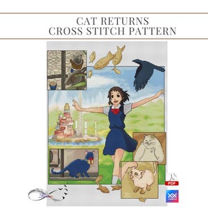 Cat Returns Cross Stitch Pattern: Detailed Anime Embroidery (PDF Download)