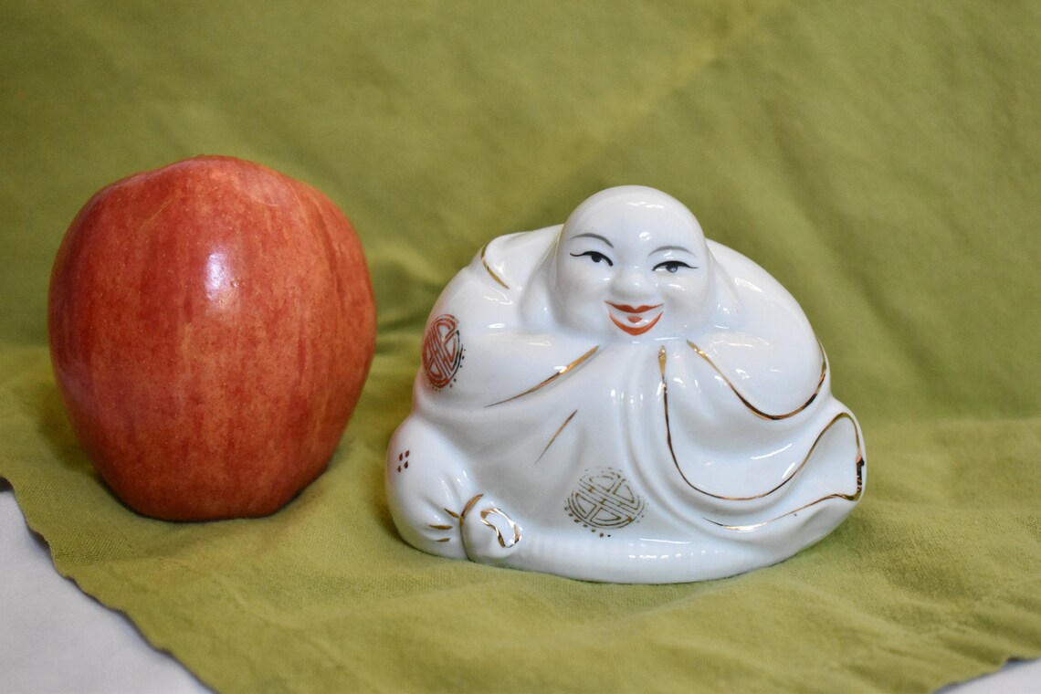 Happy Buddha Porcelain Figurine Gold Highlights Etsy
