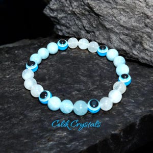 Moonstone Aquamarine Evil Eye Bracelet: 8mm Crystal Healing Bracelet