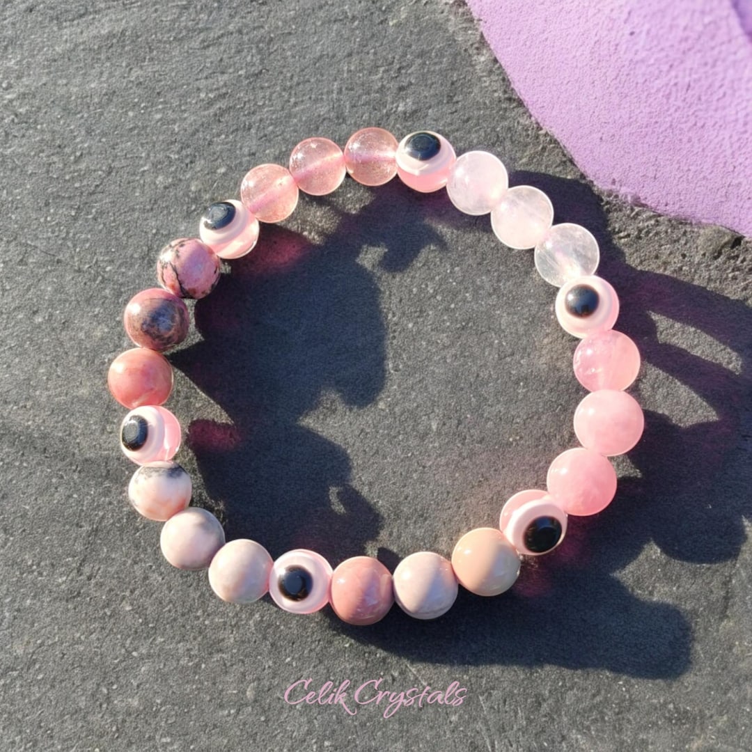 Pink Evil Eye Bracelet Handmade Natural Rose, Strawberry, Lavender ...