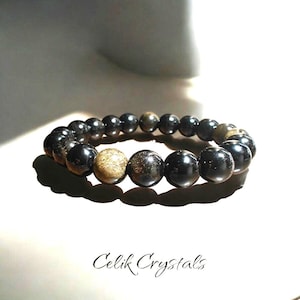 Gold Obsidian Bracelet  for Men or Women Natural Stones Handmade Stretch Beads 8 or 10mm Beads