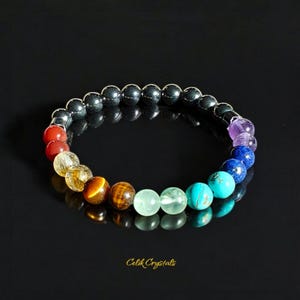 Natural Stone 7 Chakra Bracelet Hematite Unisex Healing Jewelry Anxiety Relief Meditation Wrist Accessory