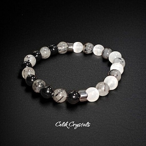 Black Tourmaline Quartz, Black Tourmaline, Selenite, Hematite Healing Bracelet Handmade Natural Stones 8mm Stretches for Women or Men