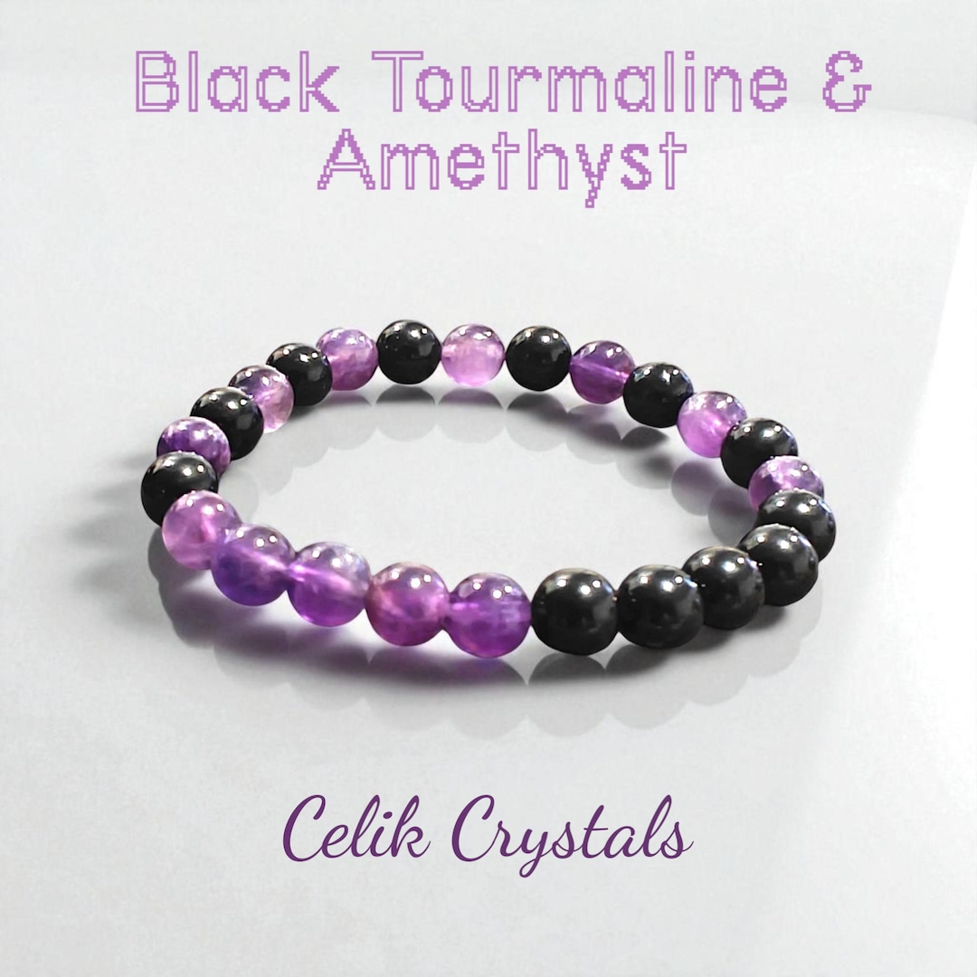 Amethyst Black Tourmaline Bracelet 8mm Natural Stone Healing