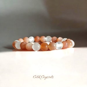 Persika Månsten & Selenit Kristall Healing Armband Naturstenar 8 mm - Lugn Energi och Nya Början