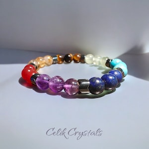 7 Chakra Bracelet Natural Stones - Amethyst, Lapis Lazuli, Turquoise, Prehnite, Tiger Eye, Citrine, Carnelian Bracelet For Women Or Men 8mm