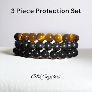 Tiger Eye Hematite Black Tourmaline Bracelet Set - Unisex Healing Stone Protection Jewelry Gift