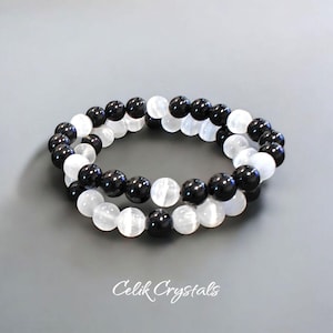 Black Tourmaline and Selenite Bracelet 2 Piece Set 8mm Natural Stones Stretches Bracelet for Men or Women Protection and Enlightenment