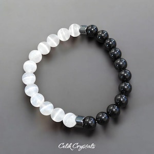 Selenite and Black Tourmaline Bracelet Natural High Quality Stones 8mm Stretches Unisex Healing Bracelet Handmade Protection