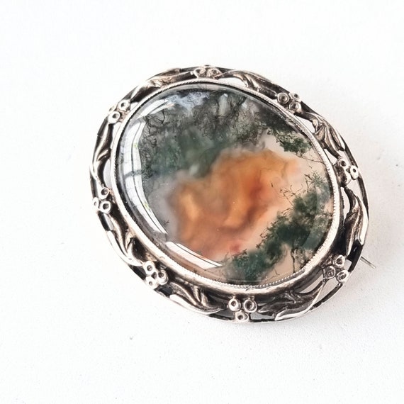 Vintage moss agate and sterling silver brooch. KO… - image 2