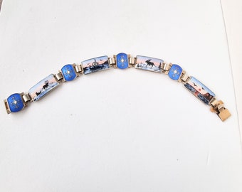 Enamel, gold on silver bracelet, Norway, winter scene. LE/1264