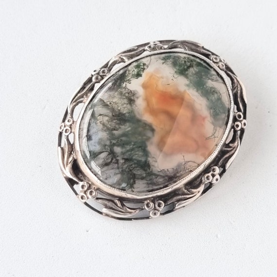 Vintage moss agate and sterling silver brooch. KO… - image 3