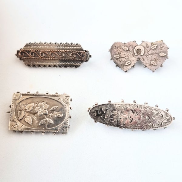 4 broches de plata victorianos eduardianos, contrastados. Vendido individualmente. /1339