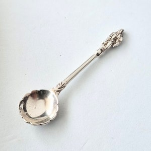 Può includere: Un cucchiaino da sale d'argento con un manico decorato e una ciotola a forma di conchiglia.