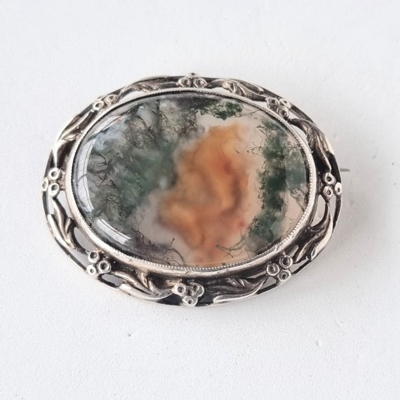 Vintage moss agate and sterling silver brooch. KO… - image 1