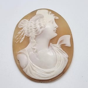 Pode incluir: Um camafeu esculpido em concha, com o perfil de uma mulher em branco sobre um fundo castanho.