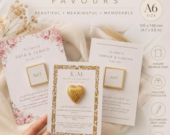 May include: Three rectangular A6 size cards measuring 105 x 148 mm, featuring Islamic wedding favour designs with floral accents, gold foil borders, and gold-wrapped chocolate hearts or squares. Text includes names, dates, and Arabic blessings.