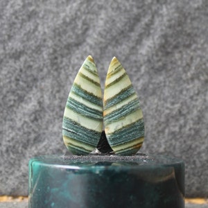 May include: Pair of teardrop-shaped green and white striped cabochons, set on a dark green base.