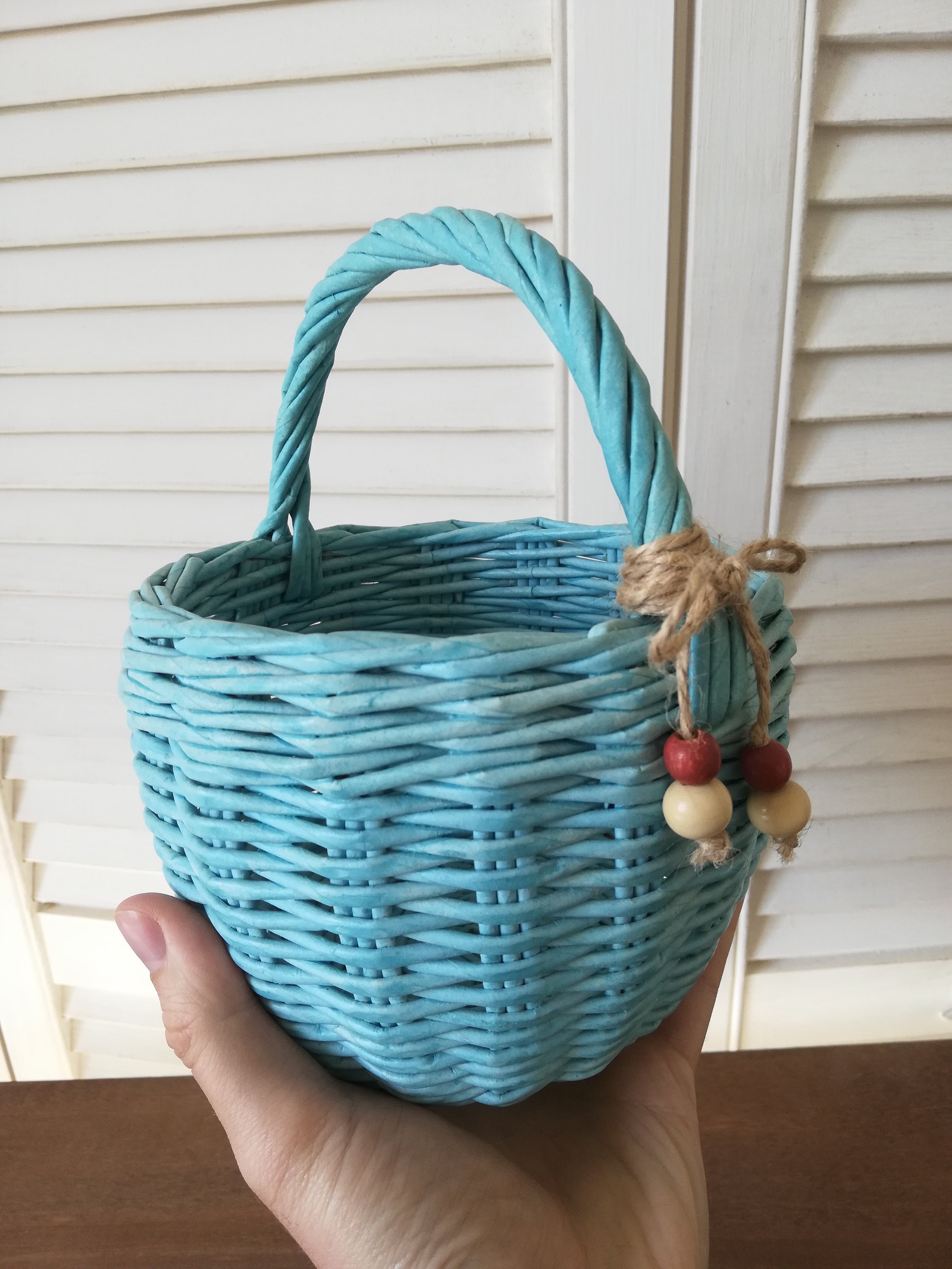 Small Wicker Basket With Handle Blue Woven Basket Etsy