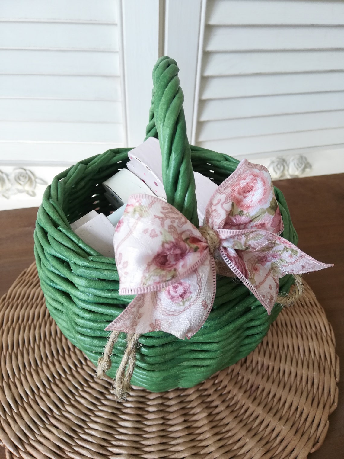 Green Wicker Basket With Handle Small Woven Storage Basket Etsy