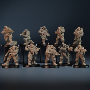 May include: A set of ten unpainted miniature figures of soldiers wearing futuristic armor and holding weapons. The figures are posed in various action stances and are ready to be painted.