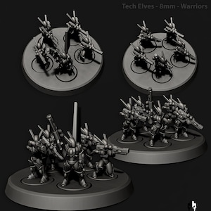 May include: A set of six gray plastic miniature figures of Tech Elves warriors, each holding a rifle, standing on round bases. The figures are arranged in a circle on a gray base. The text "Tech Elves - 8mm - Warriors" is at the top of the image.