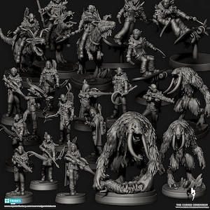 May include: A set of 3D printed miniature figures, including snow elves, a monstrous creature, and a variety of weapons and accessories. The figures are all in a gray color and appear to be ready for painting.