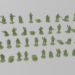 May include: A collection of 50 green plastic toy soldiers in various poses, including standing, kneeling, and lying down. The soldiers are holding rifles and other weapons.