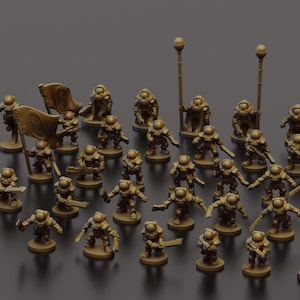 May include: A collection of miniature figurines in a tan color, depicting futuristic soldiers with weapons and gear. Some figures hold flags or tall staffs. The figures are arranged on a dark surface, with a logo in the upper right corner.