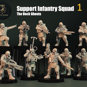 May include: A set of 9 grey plastic miniature figures of soldiers with guns and other weapons. The figures are posed in various action stances. The figures are part of a Support Infantry Squad 1, The Heck Ghosts.