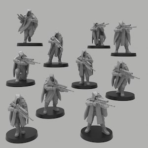May include: A set of grey miniature figures depicting hooded characters with rifles. The figures are mounted on black circular bases, with some in action poses. The overall theme suggests a science fiction or fantasy setting, suitable for tabletop gaming.