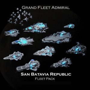 May include: A fleet of spaceships in a dark space background. The ships are gray and white with blue lights. The text "Grand Fleet Admiral" and "San Batavia Republic Fleet Pack" is displayed on the image.