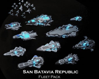 Puede incluir: Una flota de naves espaciales en un fondo de espacio oscuro. Las naves son grises y blancas con luces azules. El texto "Grand Fleet Admiral" y "San Batavia Republic Fleet Pack" se muestra en la imagen.