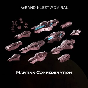 May include: A fleet of 15 silver spaceships, including a large flagship labeled "Grand Fleet Admiral", with the text "Martian Confederation" at the bottom of the image.