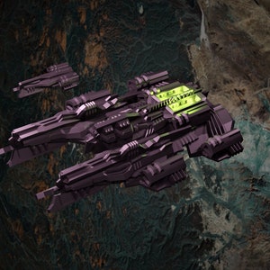 May include: A dark purple spaceship with green lights, flying in front of a brown and green planet.