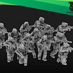 May include: A collection of eleven unpainted gray miniature soldier figurines in tactical gear, each equipped with a rifle. The figures are posed in various combat stances, featuring helmets with visors and detailed body armor. The text WARDADDY STUDIOS is visible in the top right corner.