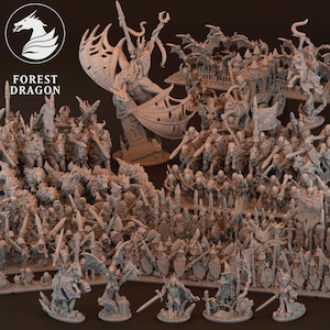 May include: A large collection of grey miniature figurines depicting fantasy characters, including warriors, creatures, and a dragon. The "FOREST DRAGON" logo is visible in the upper left corner. The figurines are arranged in a large group, suggesting a battle scene.