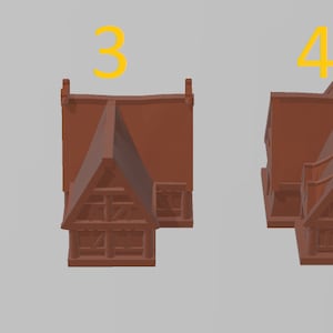 May include: Five miniature wooden houses with brown roofs and white trim. The houses are numbered 1 through 5.