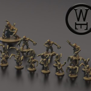 May include: A collection of miniature figurines in various poses, likely for tabletop gaming. The figures are a tan color and appear to be monsters or creatures. A black circular logo with the letters "W" and "E" is in the background.
