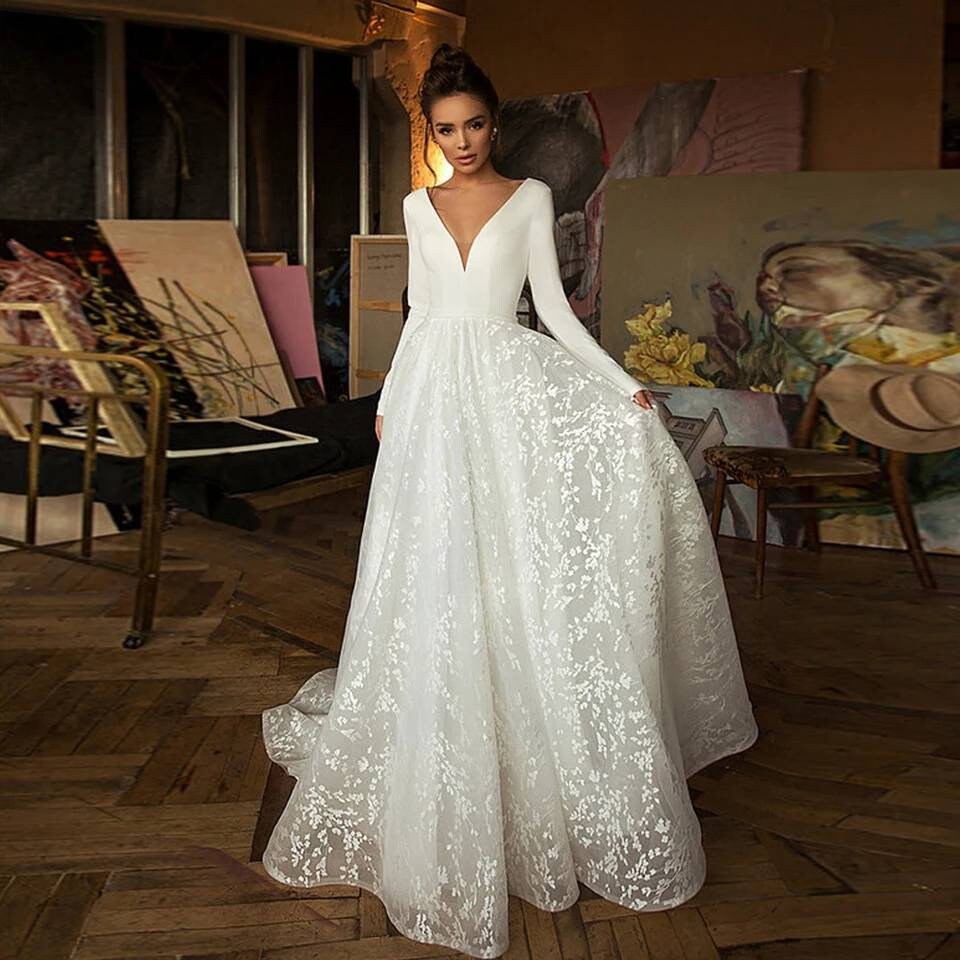 a line long sleeve lace wedding dress