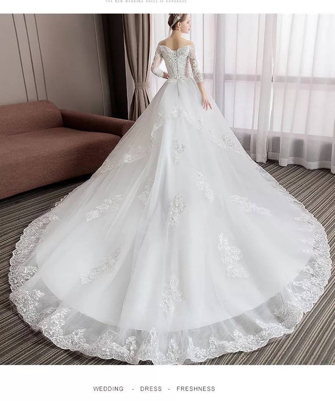 Half Sleeve Wedding Dresses Long Train Bridal Gown