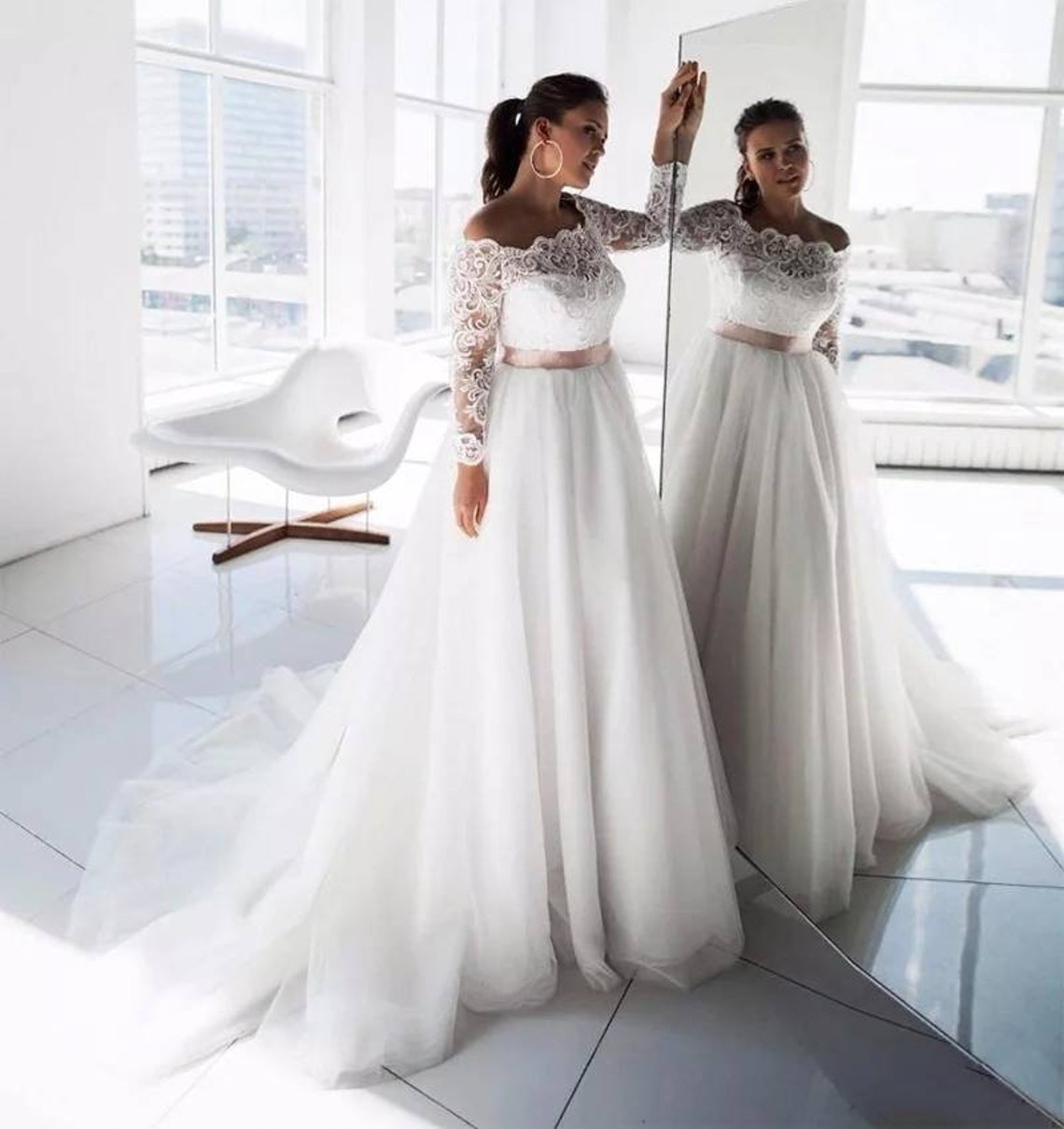 Elegant Plus Size Wedding Dress / Off the Shoulder Long image 3