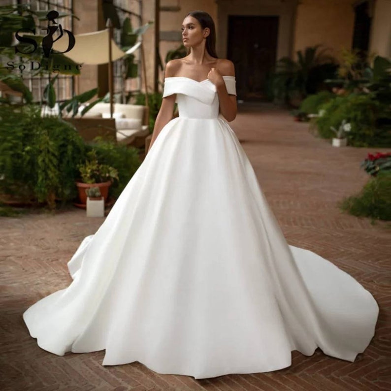 Modern Simple Satin Wedding Dress / Off the Shoulder Sexy V image 1