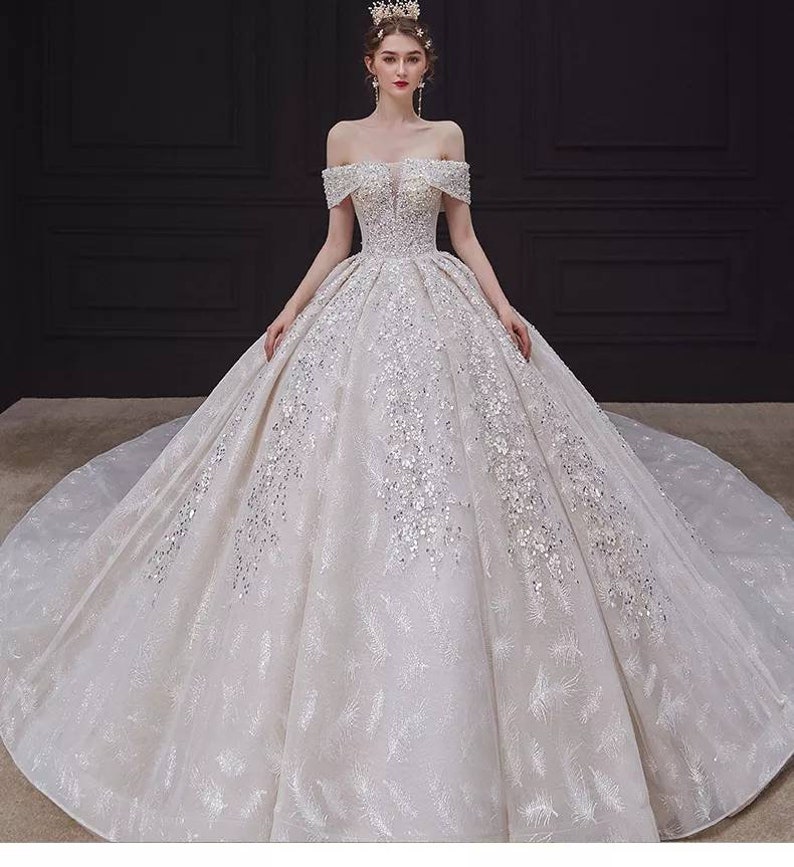 Luxury Sequins Classic Lace Embroidery Wedding Gown With Long - Etsy