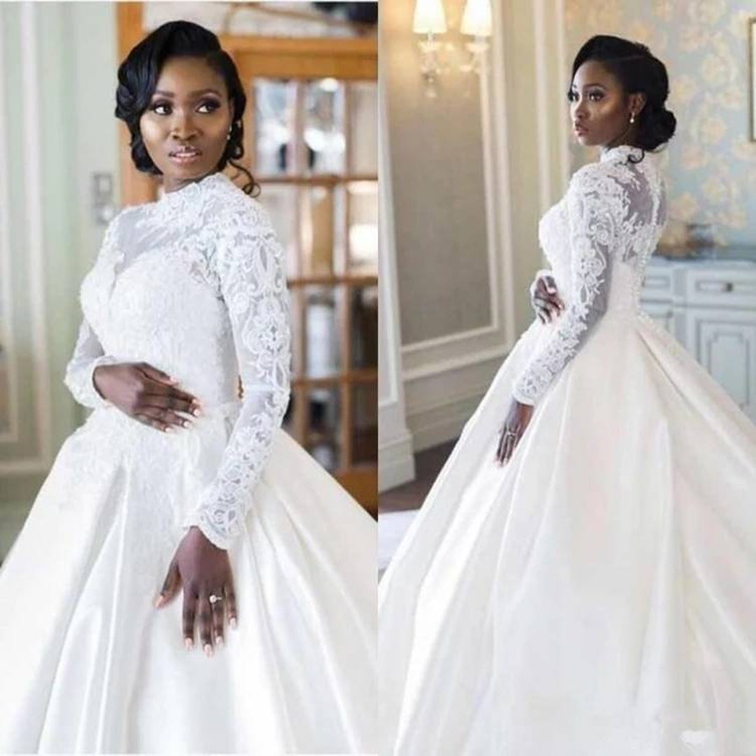 Luxury High Neck Long Sleeve Muslim Wedding Dress Elegant - Etsy