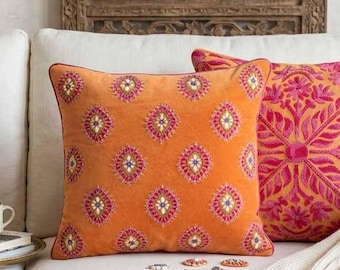 Hand‑Embroidered Orange Pillow Cover • Diamond Motif Cushion • Pink & Purple Embroidery • Festive Boho Decor • Handmade Throw Pillow