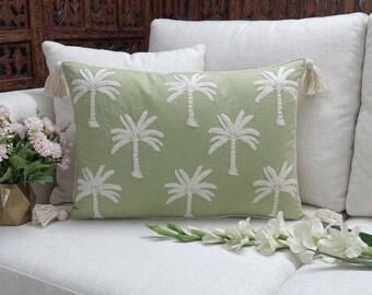 Green Cotton Pillow Cover with Palm tree cord Embroidery