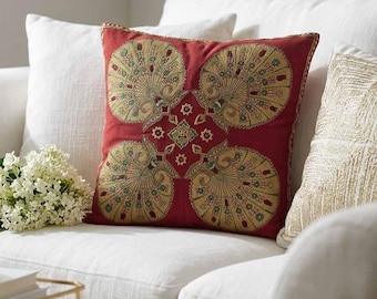 Red cotton velvet embroidered  pillow covers