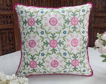 Floral Embroidered Pillow | Handmade Pink & Green Cushion | White Decorative Throw Pillow